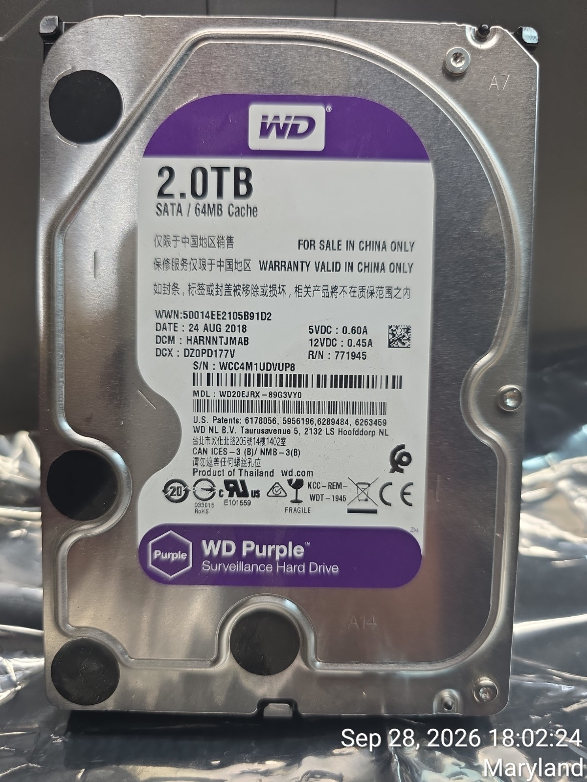 WD Purple 2TB Surveillance Hard Drive 3.5" SATA 6Gb/s 64MB Cache 3.5- (WD20EJRX)