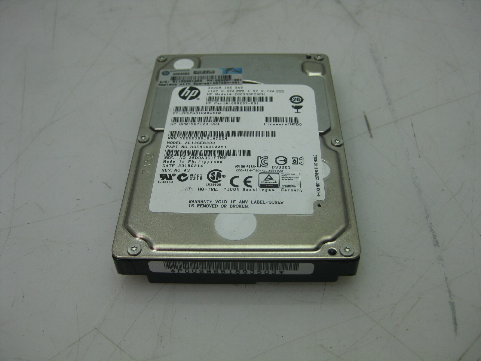 USED HP P/N: 689287-001 Model: AL13SEB300 300GB 6G SAS 10K 2.5" EG0300FCSPH HDD