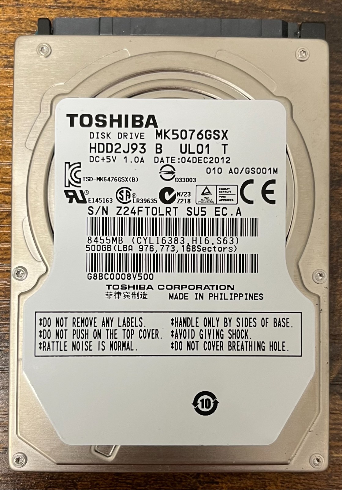 T9Y3R Toshiba 500GB SATA 2.5 Hard Drive 5400rpm MK5076GSX HDD2J93