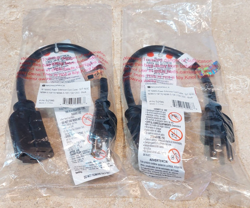 QTY(2) Monoprice 5296 1 ft. Power Extension Cord Cable 16AWG 5-15P to 5-15R 13A