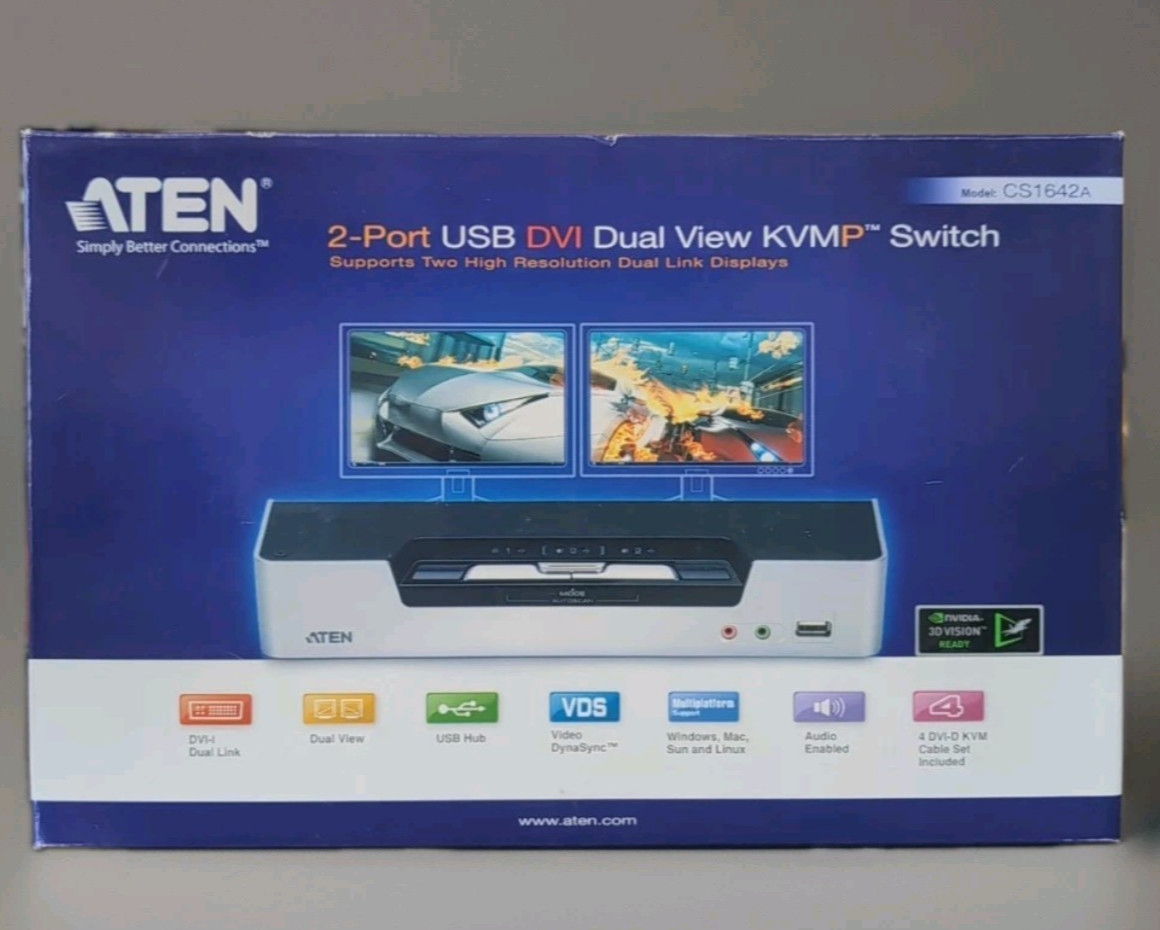 ATEN CS1642A 2-Port Dual Monitor DVI USB KVM Switch Dual Link Audio New Box