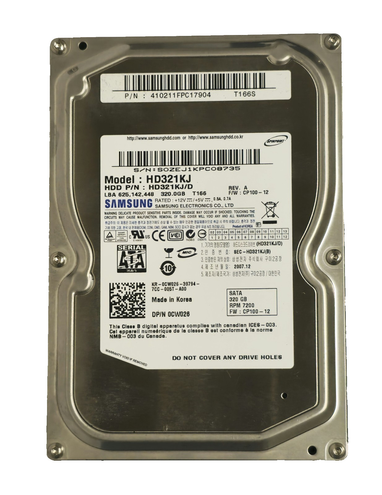 Samsung HD321KJ HD321KJ/D P/N 0CW026 SATA 320GB Hard Drive