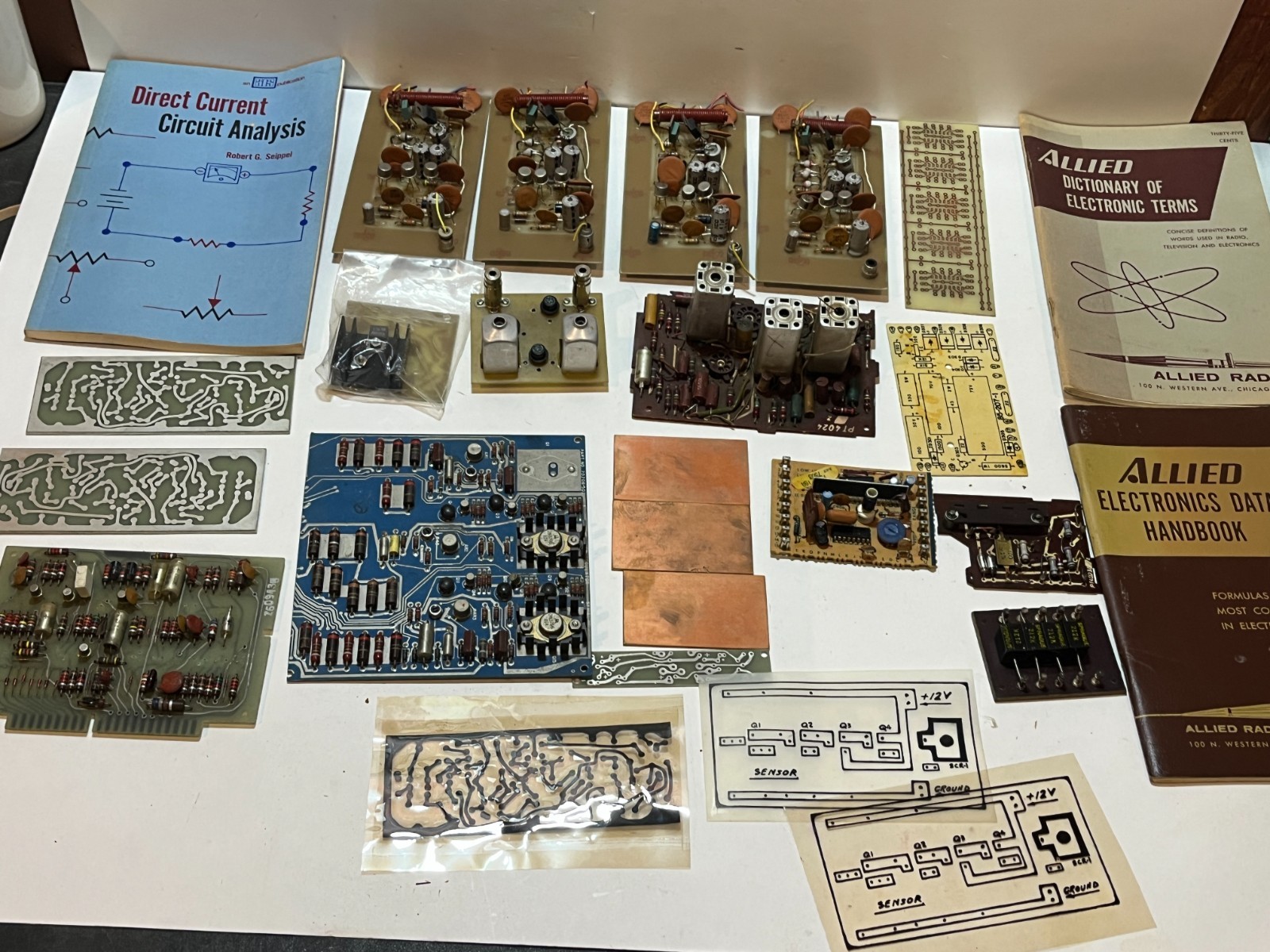 Vintage 1960s computer handmade? circuit boards, projects, parts, Allied books