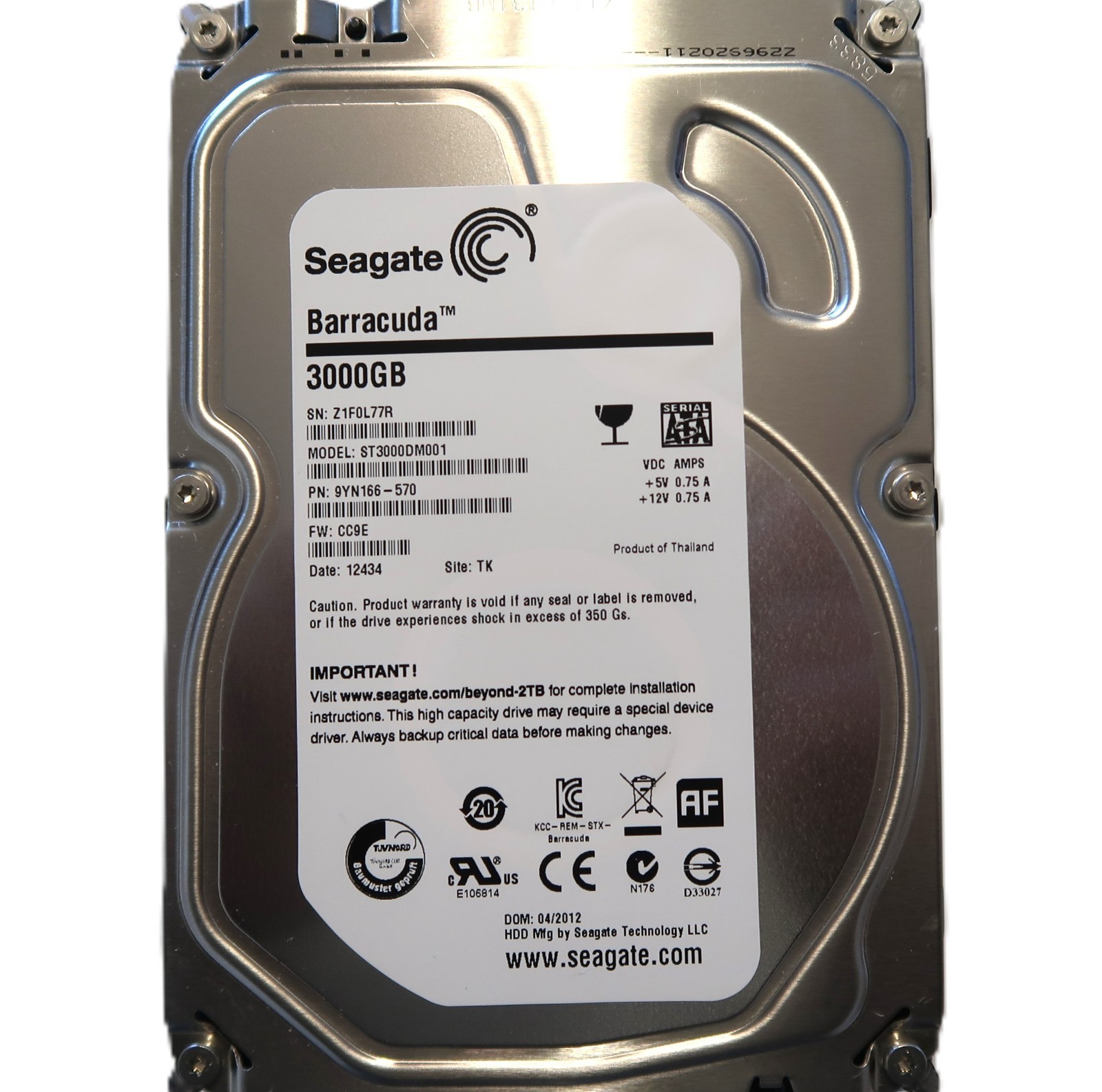 ST3000DM001 PN: 9YN166-570 FW: CC9E (Z1F0) TK Thailand 3000gb 3.5" Sata 04/2012