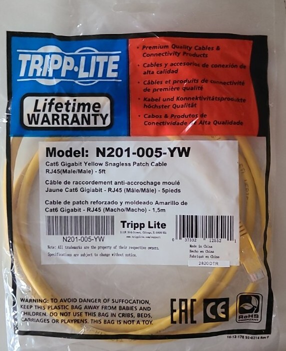 Tripp Lite 5ft Cat6 Gigabit Snagless Molded Patch Cable RJ45 M/M Yellow 5' (N...