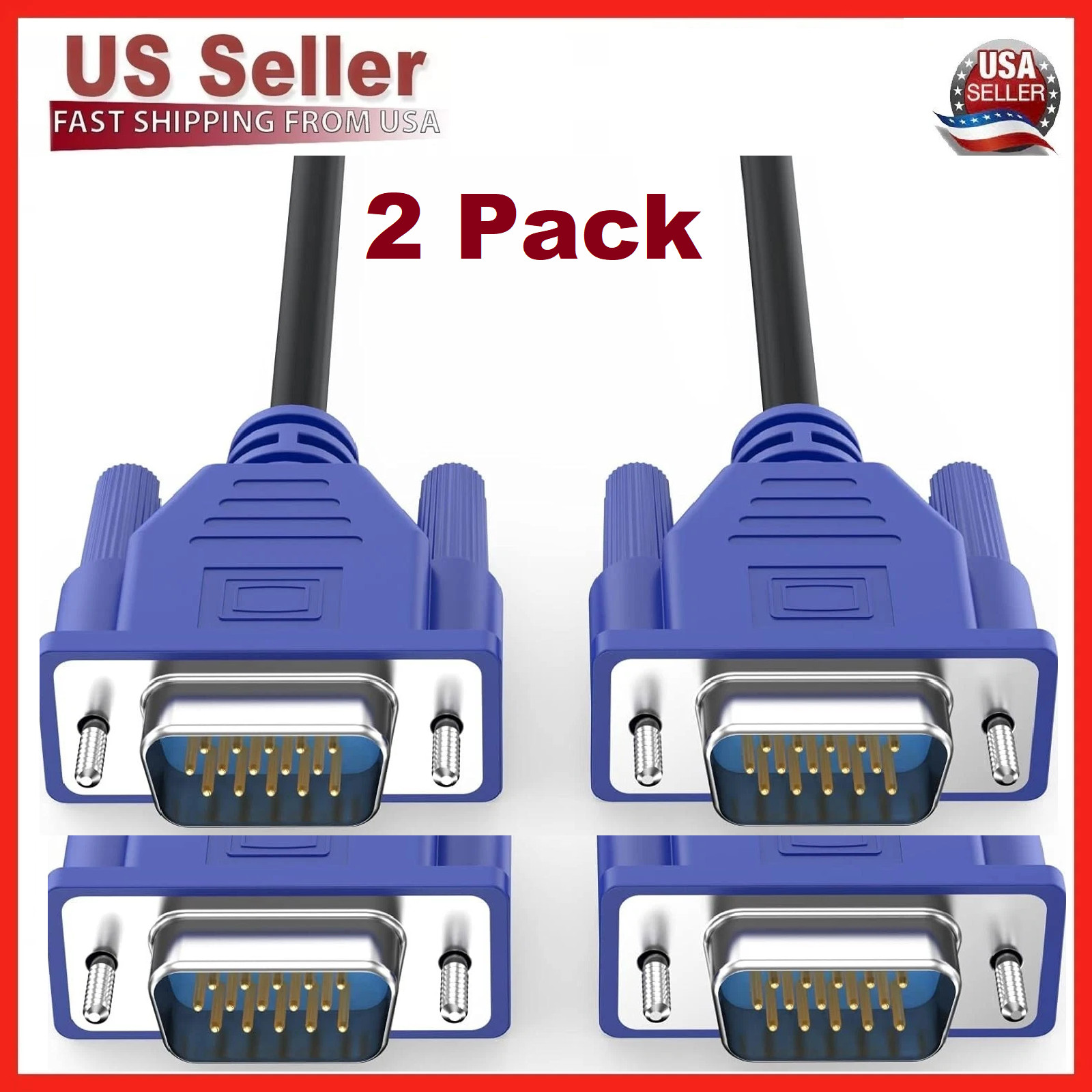 2 x Premium Heavy Duty 5ft VGA SVGA Video Cable Male to Male PC Laptop Monitor
