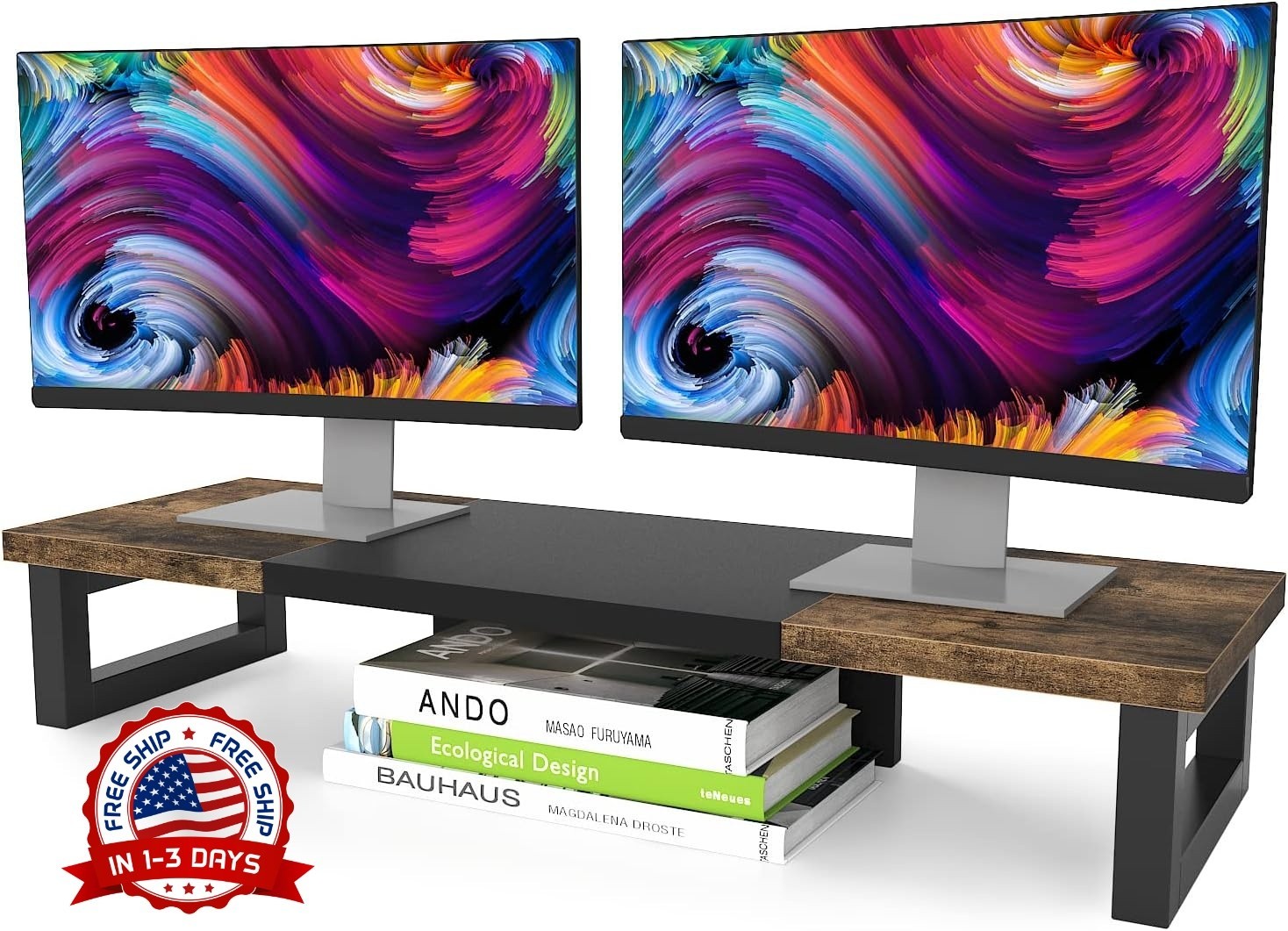 Soporte elevador de madera y acero para dos monitores de ordenador y portátil