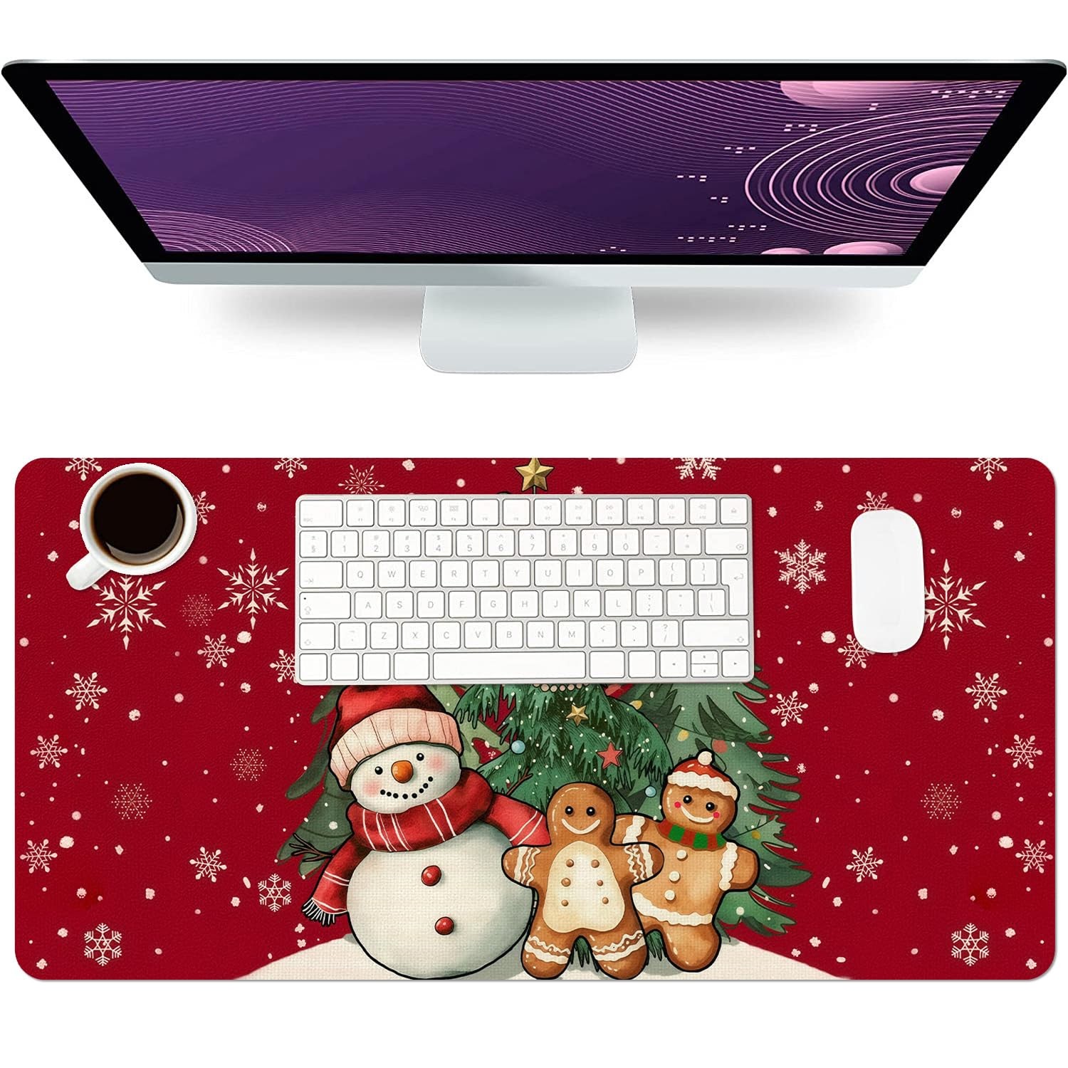 Christmas Mouse Pad PU Leather Xmas Tree Gingerbread Man Large Desk Mat