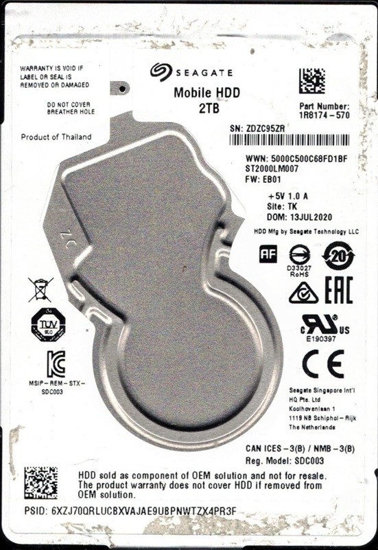 ST2000LM007 P/N: 1R8174-570 F/W: EB01 TK ZDZC JUL 2020 Seagate 2TB