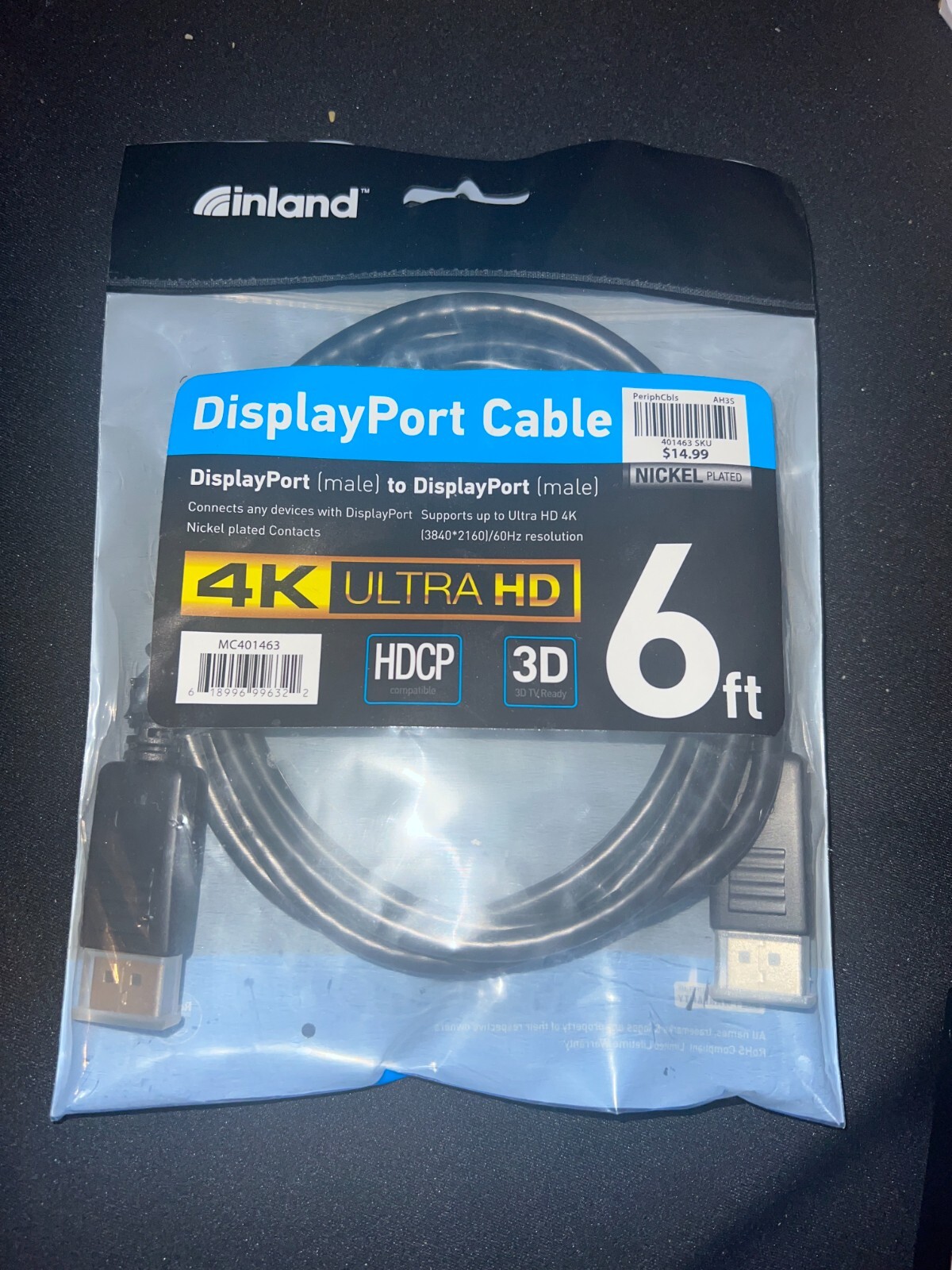 Inland Display Port (male) to Display Port (male) cable 6ft 4k Ultra HD HDCP 3D