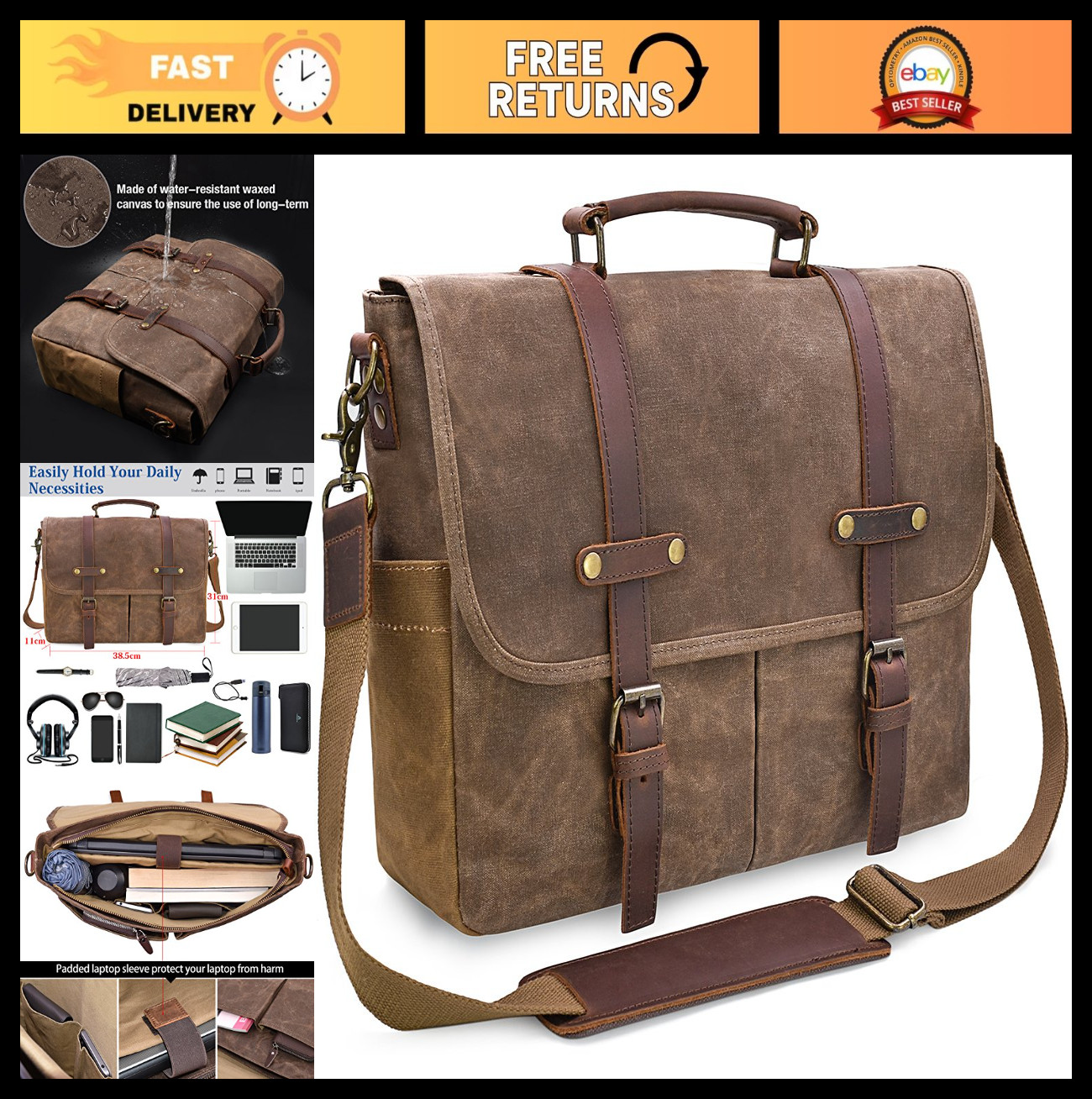 Waterproof Vintage Leather Messenger Bag 15.6" Laptop Briefcase, Large Satchel