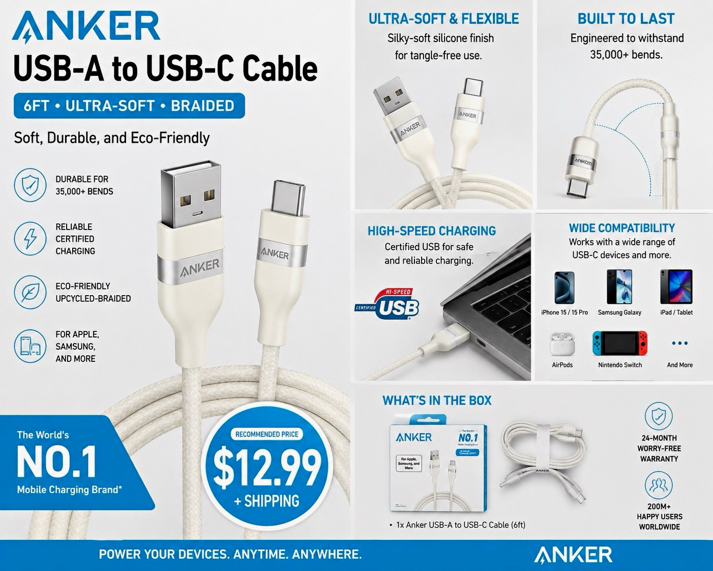 Anker USB-A to USB-C Cable 6 ft Braided White 1:1 Universal A8203