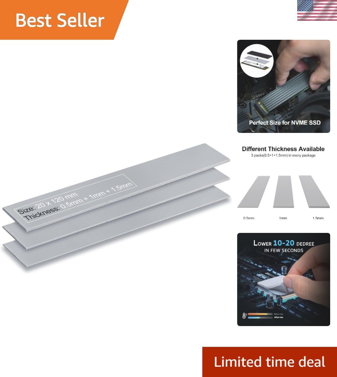 Multi-Thickness Silicone Thermal Pads, 3 Pack 120x20mm for Electronics
