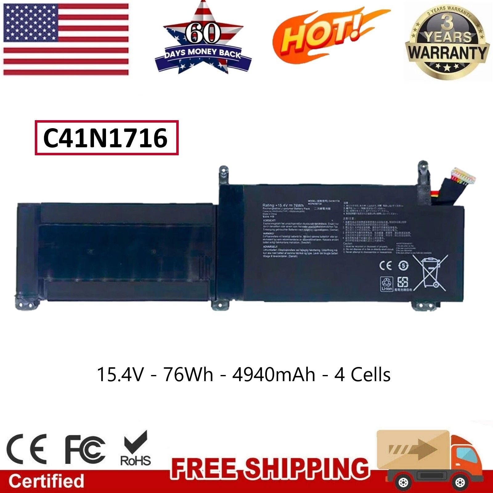 New C41N1716 Battery 76Wh For ASUS ROG Strix GL703GS GL703GM Scar S7BS8750 15.4V