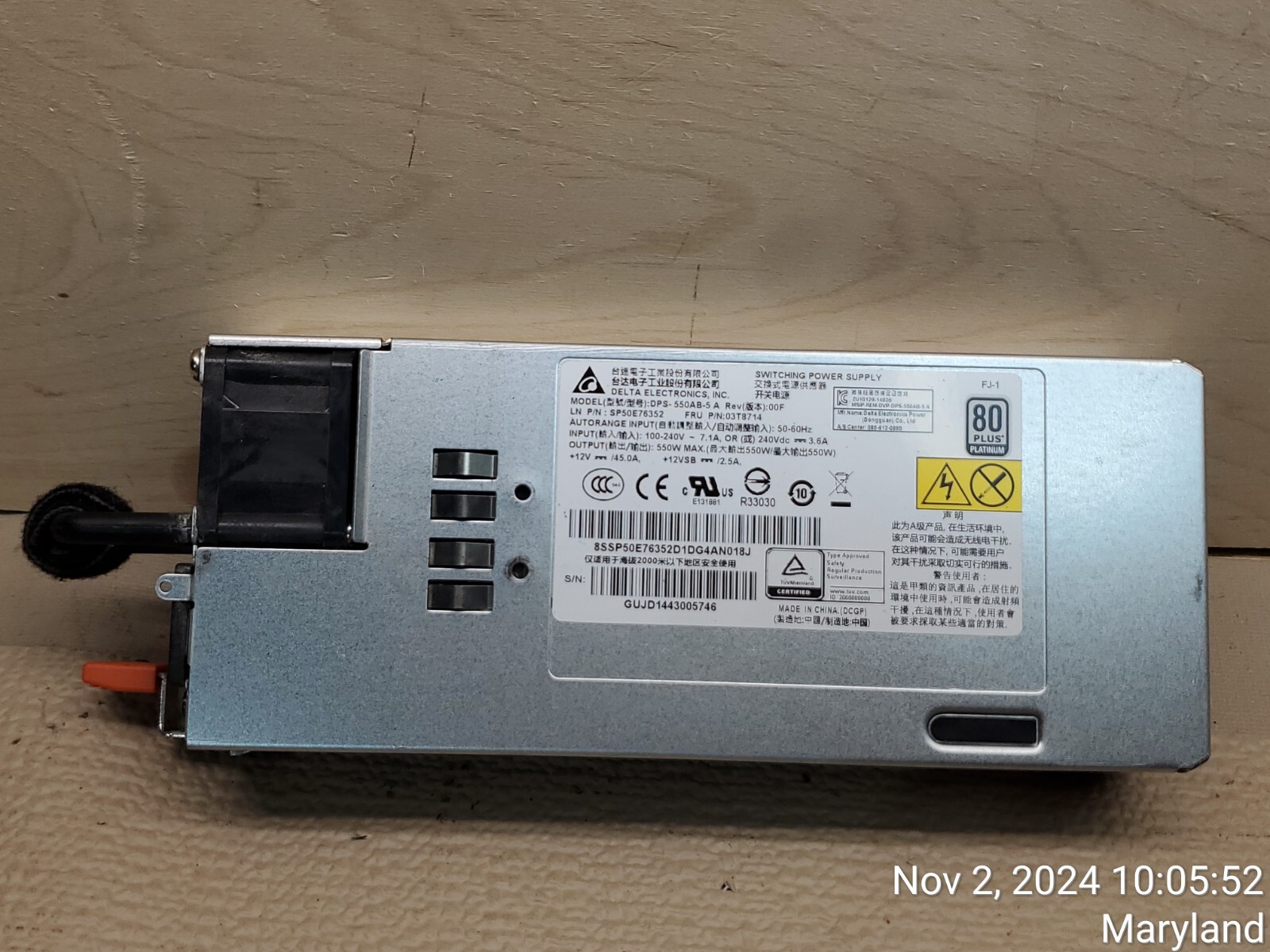 Lenovo 550-Watts Power Supply for ThinkServer RD550 RD650 SP50E76352