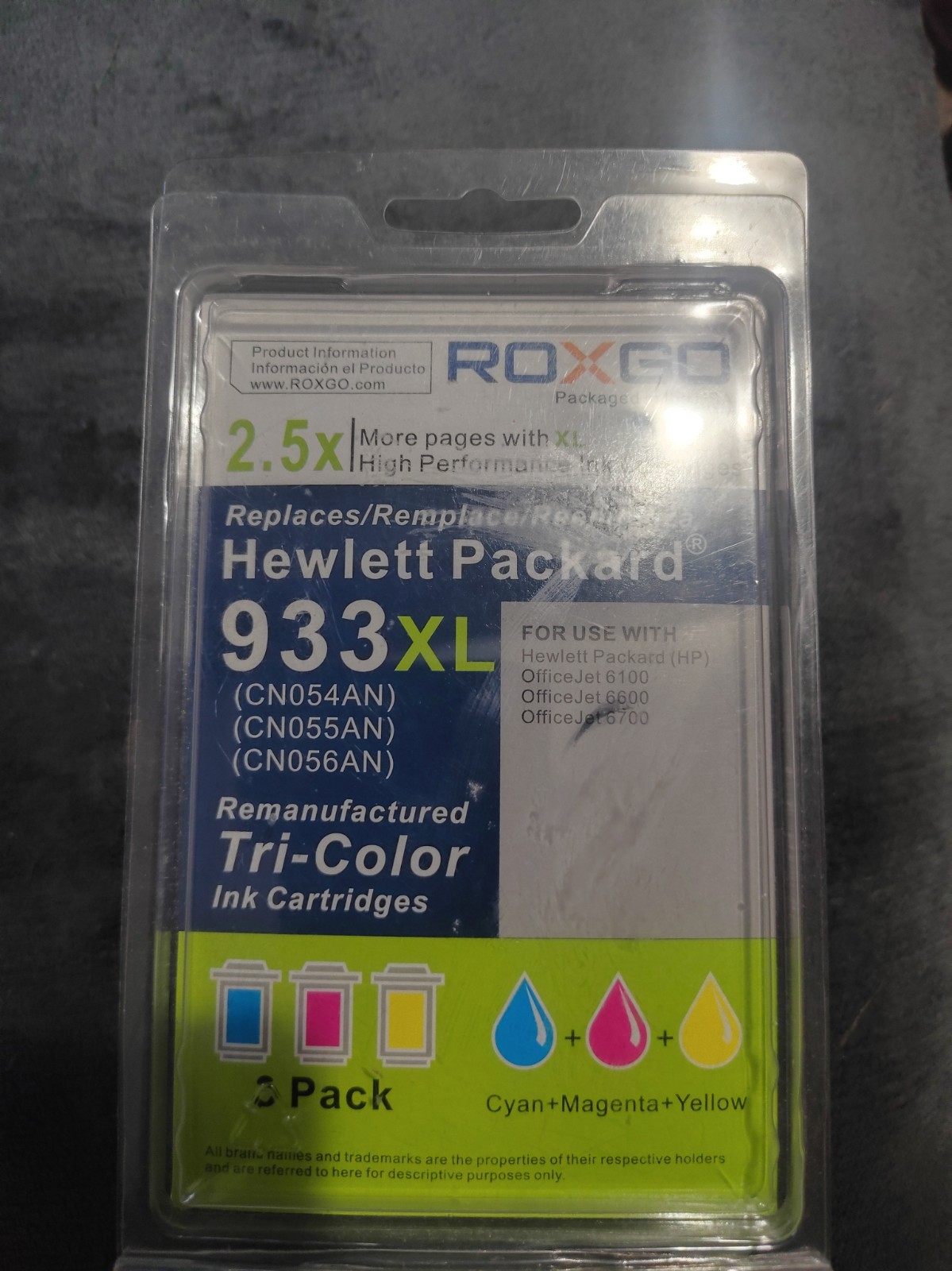 ROXGO HP 933XL Ink Cartridge 3-Pack Cyan Magenta Yellow Sealed