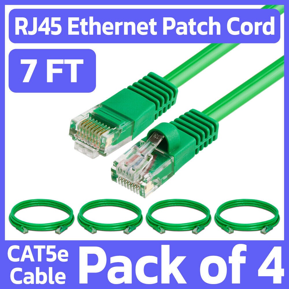 4 Pack Cat5e Cable Green 7FT Lan Ethernet Patch Cord Network Internet Wire RJ45