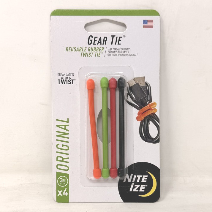 NITE IZE 094664018884 GEAR TIE ORIGINAL 3" REUSABLE RUBBER TWIST TIE 4 PACK NEW