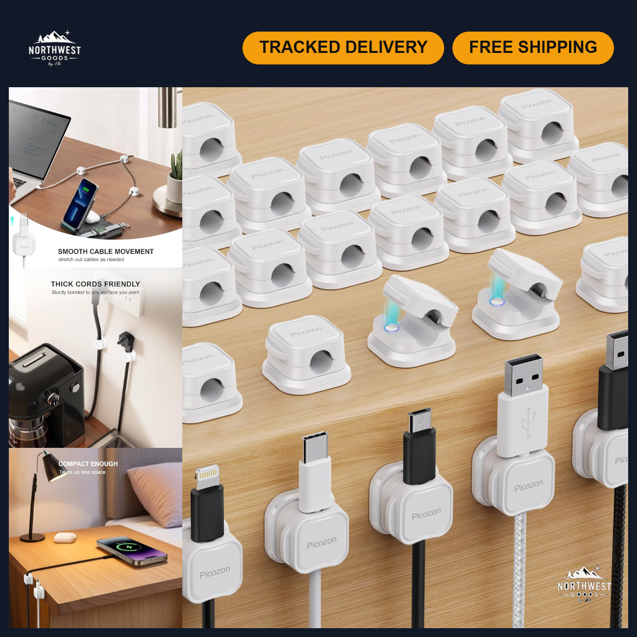 24 Pack Magnetic Cable Clip Organizer - Adhesive Cord Holder for Office & Home