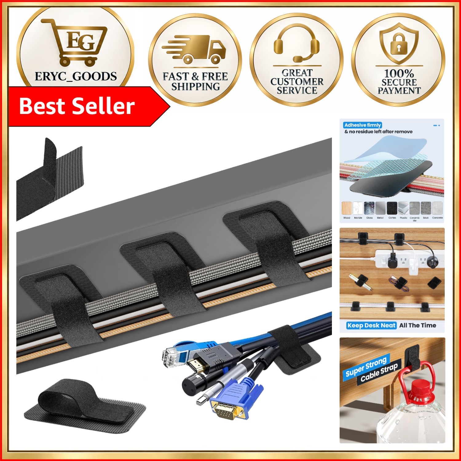 Elegant Cable Management Under Desk - Organize 15 Cords Seamlessly, Black