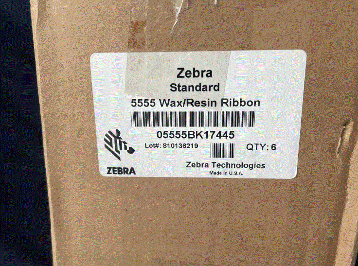ZEBRA WAX/RESIN RIBBON (CASE of 6)  6.85" X 1,476' 5555 - 05555BK17445 -NEW