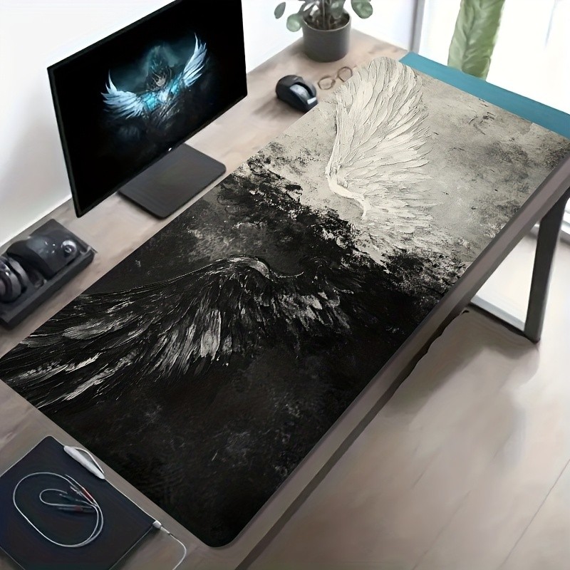 1pc Large Size Esports Gaming Mouse Pad, Black And White Double Wings Abstract