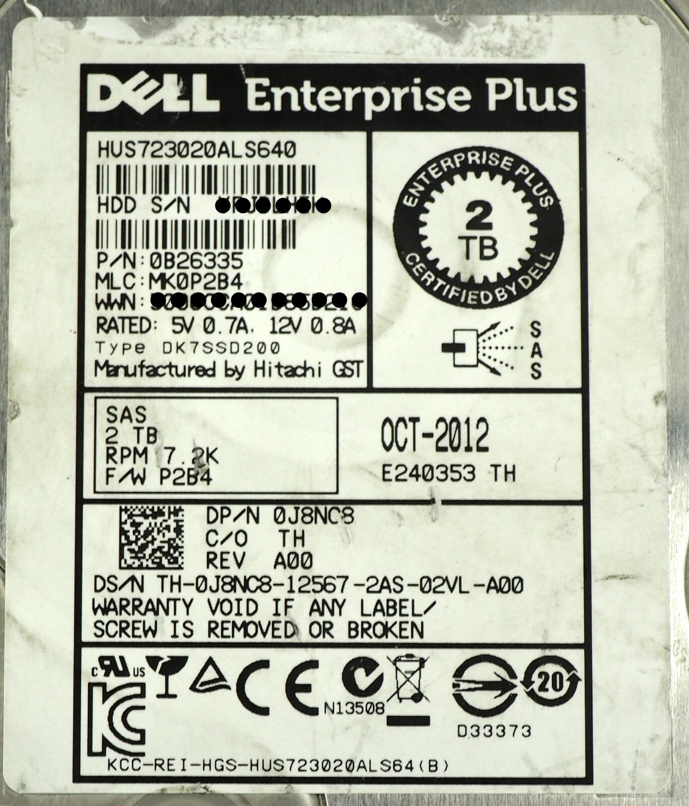 J8NC8 0J8NC8 HUS723020ALS640 DELL 2TB 6G 7.2K 3.5'' SAS HDD HARD DRIVE
