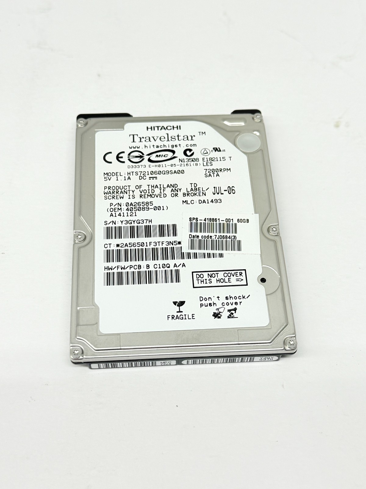 HARD DRIVE HITACHI TRAVELSTAR 7K100 HTS721060G9SA00 60GB 7.2K 8MB SATA 2.5''