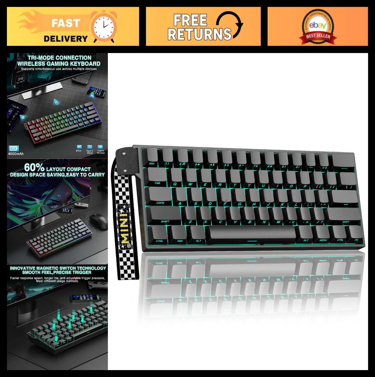 Compact Wireless Gaming Keyboard 60% - Hall Effect, 8000Hz, RGB, Hot Swappable