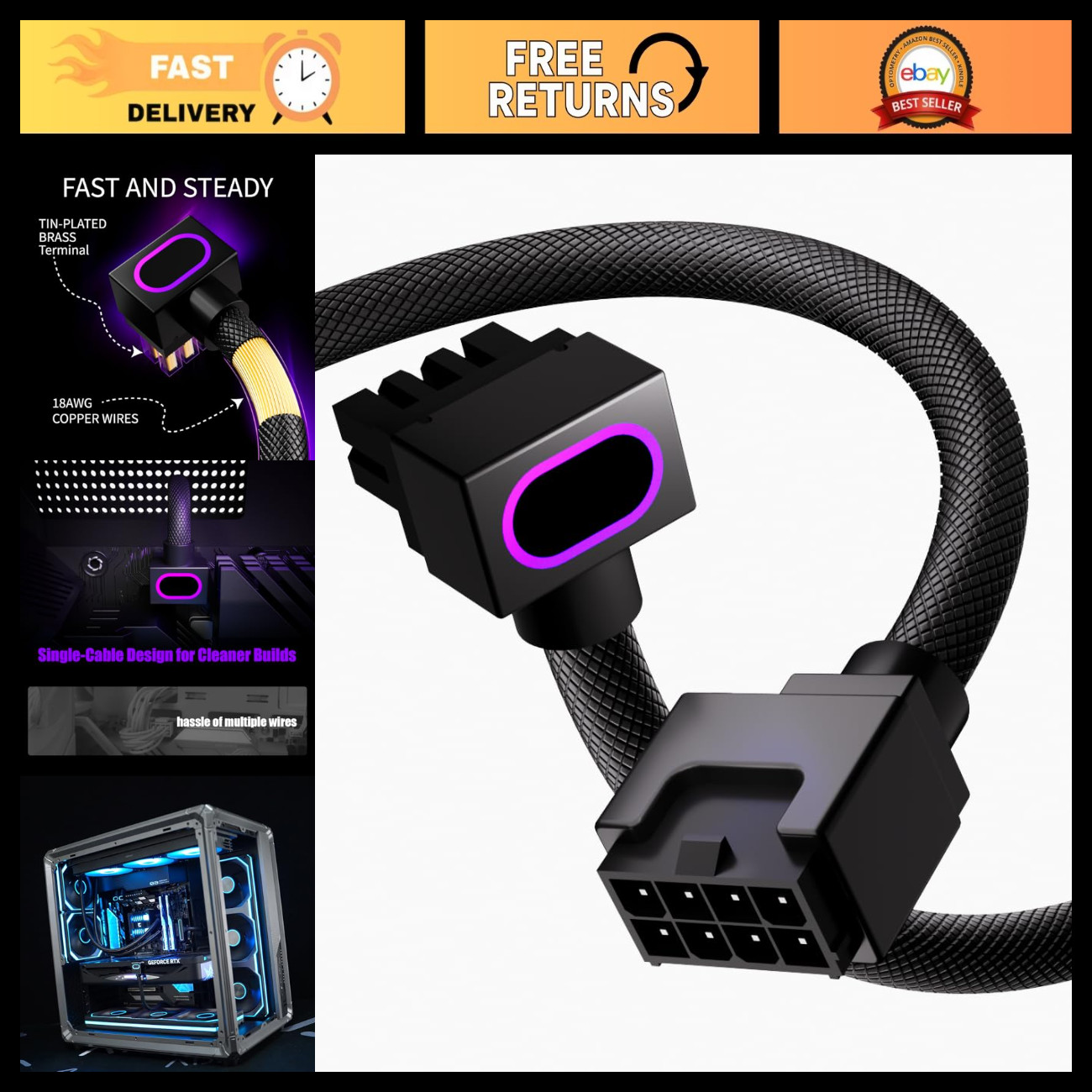 8PIN CPU Extension Cable, ARGB 5V 3Pin, 18AWG Right-Angle Design, 30CM Black PC