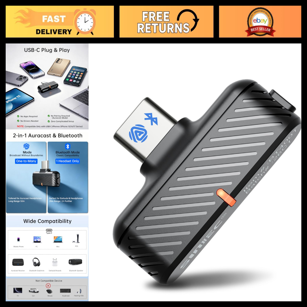 USB-C Bluetooth LE Audio Adapter Transmitter for PC, Mac, Phones, PS5 - Wireless