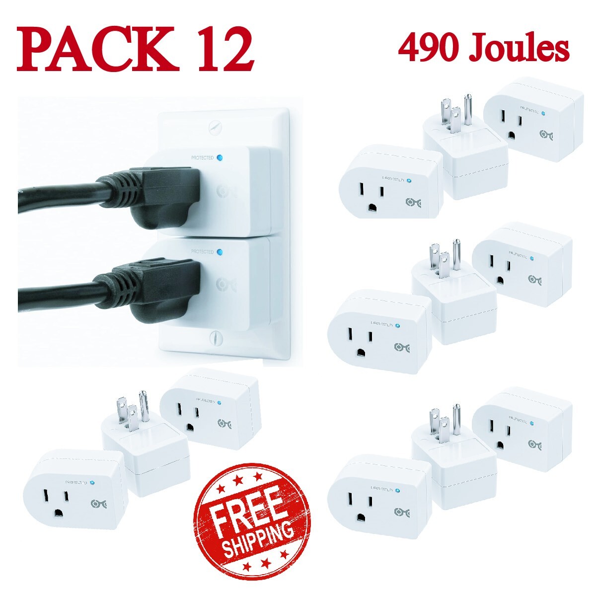 12 Single Outlet AC Wall Plug Surge Protector Power Suppressor 490 Joules 1875W