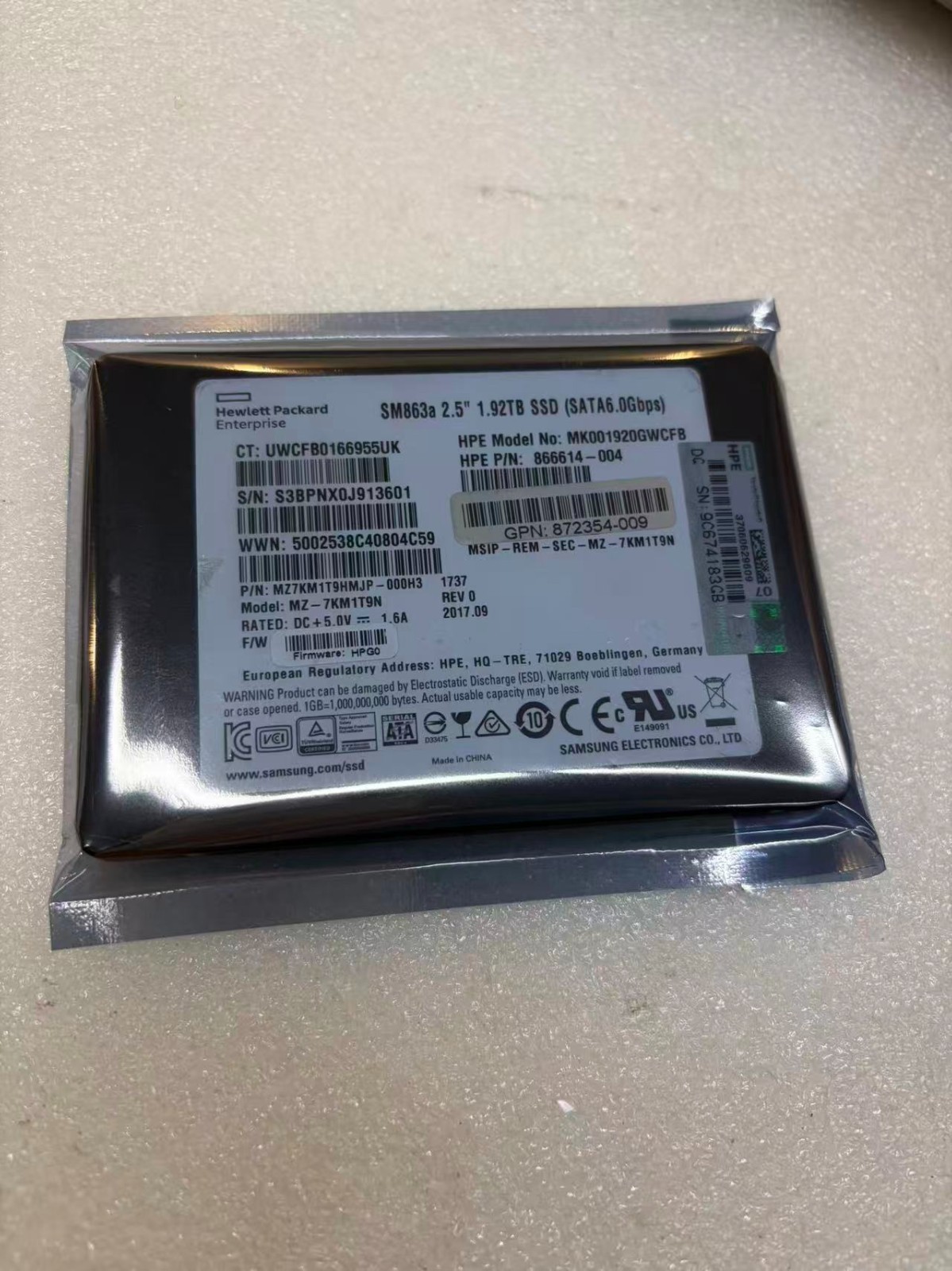 HPE MK001920GWCFB 866614-004 MZ-7KM1T9N Samsung SM863a 2.5" 1.92TB SATA 6.0 Gbps