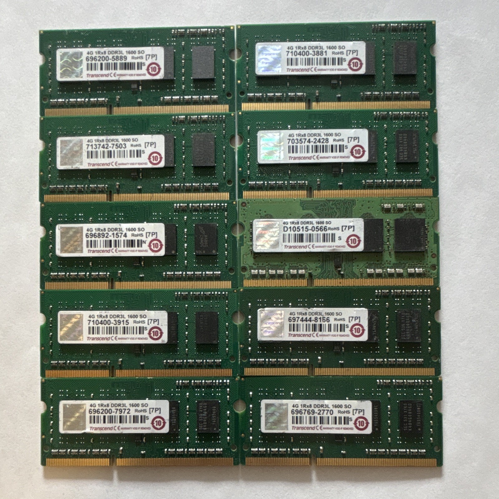Lot of 10 Transcend 4GB DDR3L-1600 1Rx8 SODIMM Laptop RAM Tested Working 