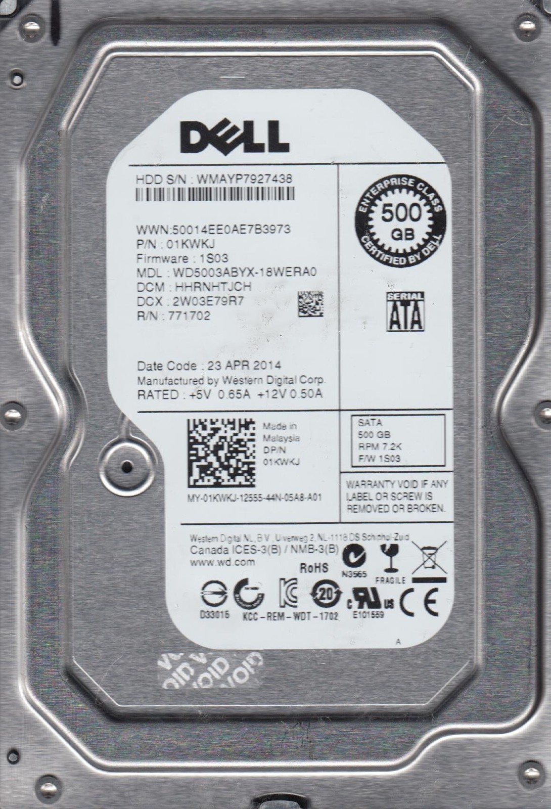 WD5003ABYX-18WERA0 DCM HHRNHTJCH Dell 500GB SATA 3.5 Hard Drive