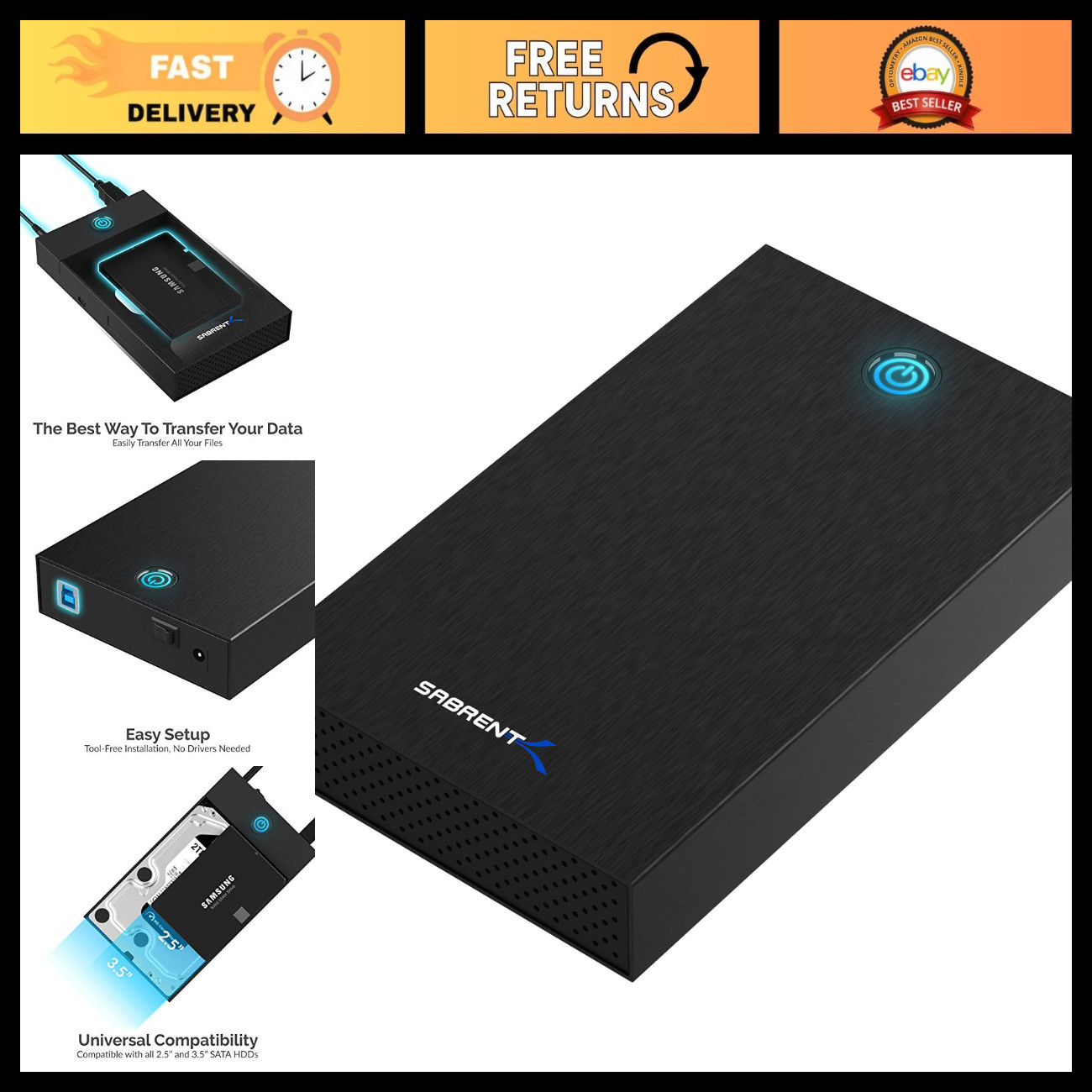 USB 3.0 Hard Drive Enclosure for 2.5"/3.5" SATA HDD/SSD, Fast Data Transfer, Dur