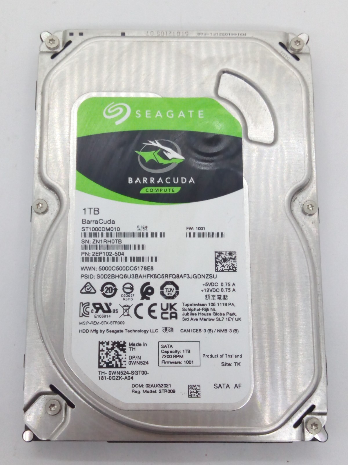SEAGATE BARRACUDA SATA HARD DRIVE 1TB S/N: ZN1RH0TB 3.5 " #FP4511