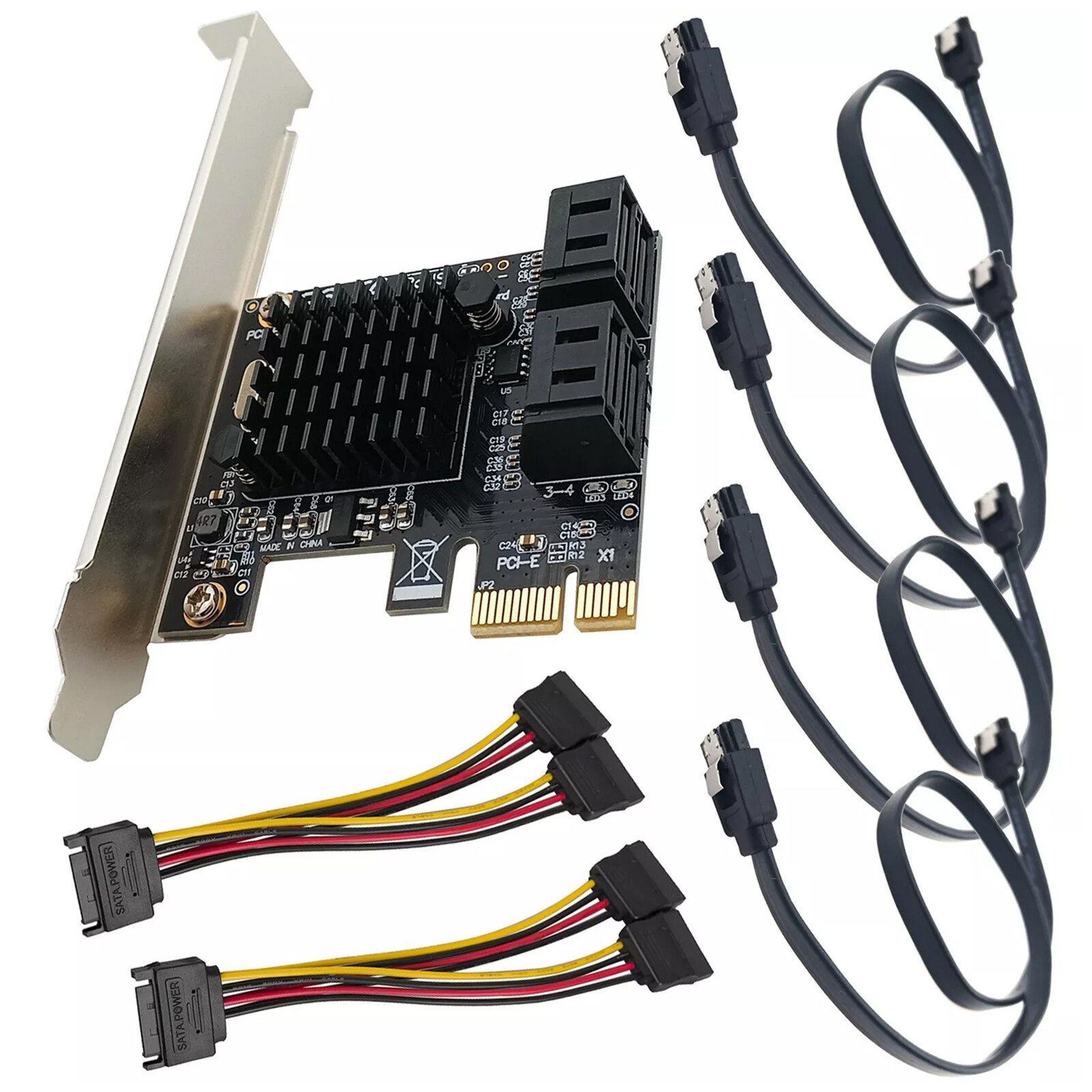 PCI-e X1 to SATA 3.0 Expansion Card 4 Port Controller Adapter Data Power Cable