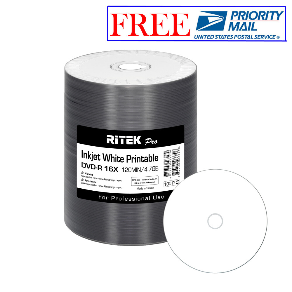 100 Pack Ritek Pro DVD-R 16X 4.7GB White Inkjet Hub Printable Blank Media Disc
