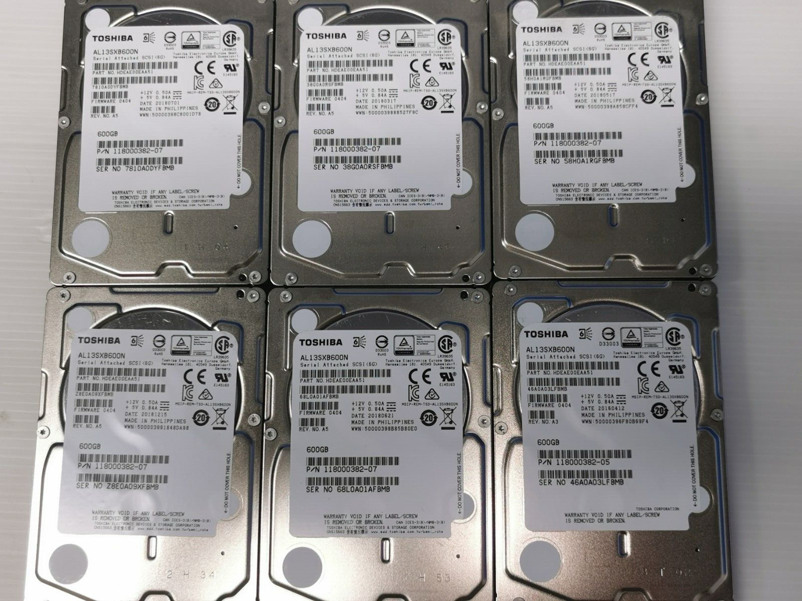 Toshiba AL13SXB600N 600 GB SAS 2 2.5 in Enterprise Hard Drive Lot of 6
