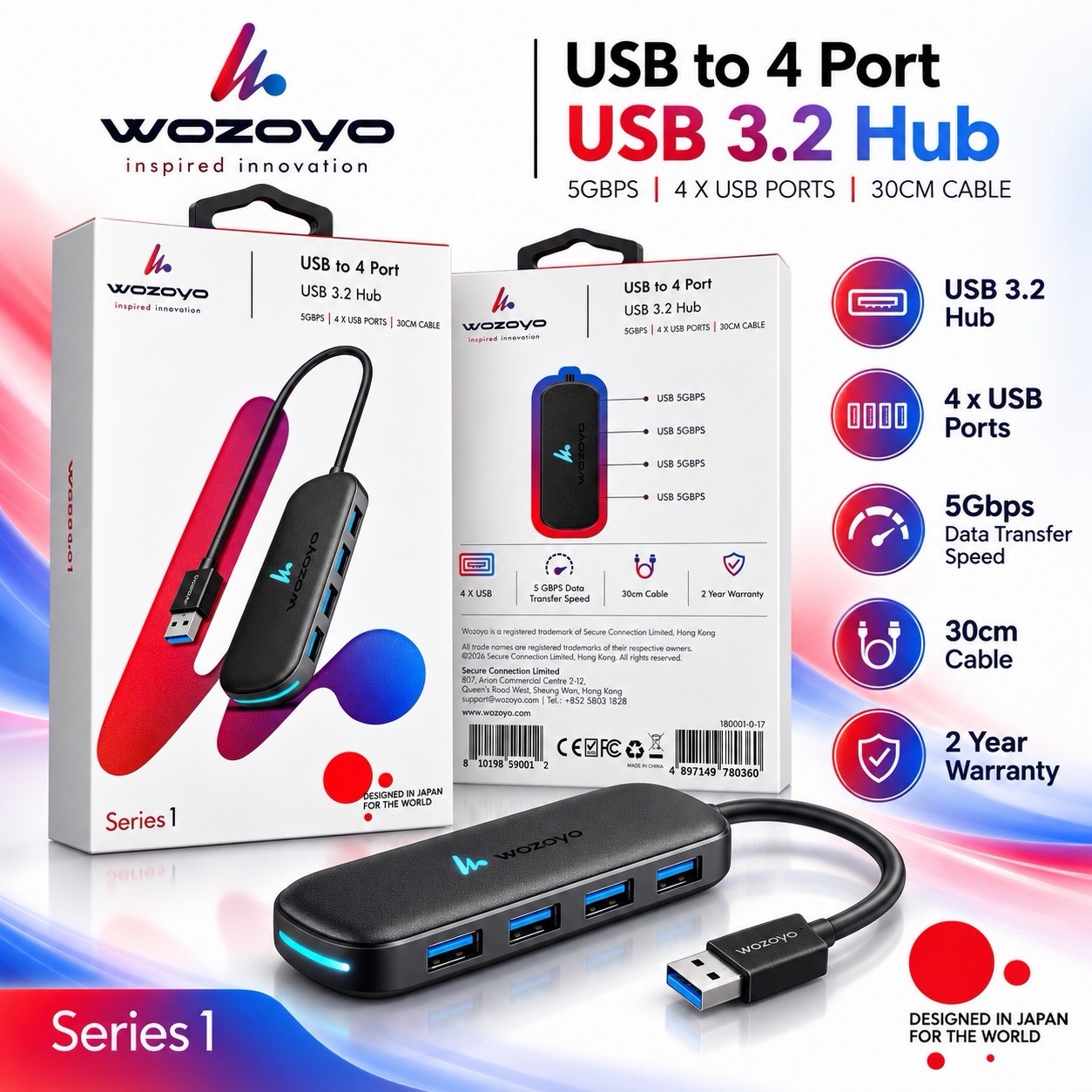 Wozoyo USB 3.2 4-Port USB-A Hub/Splitter Box 5Gbps Portable 30cm Cable