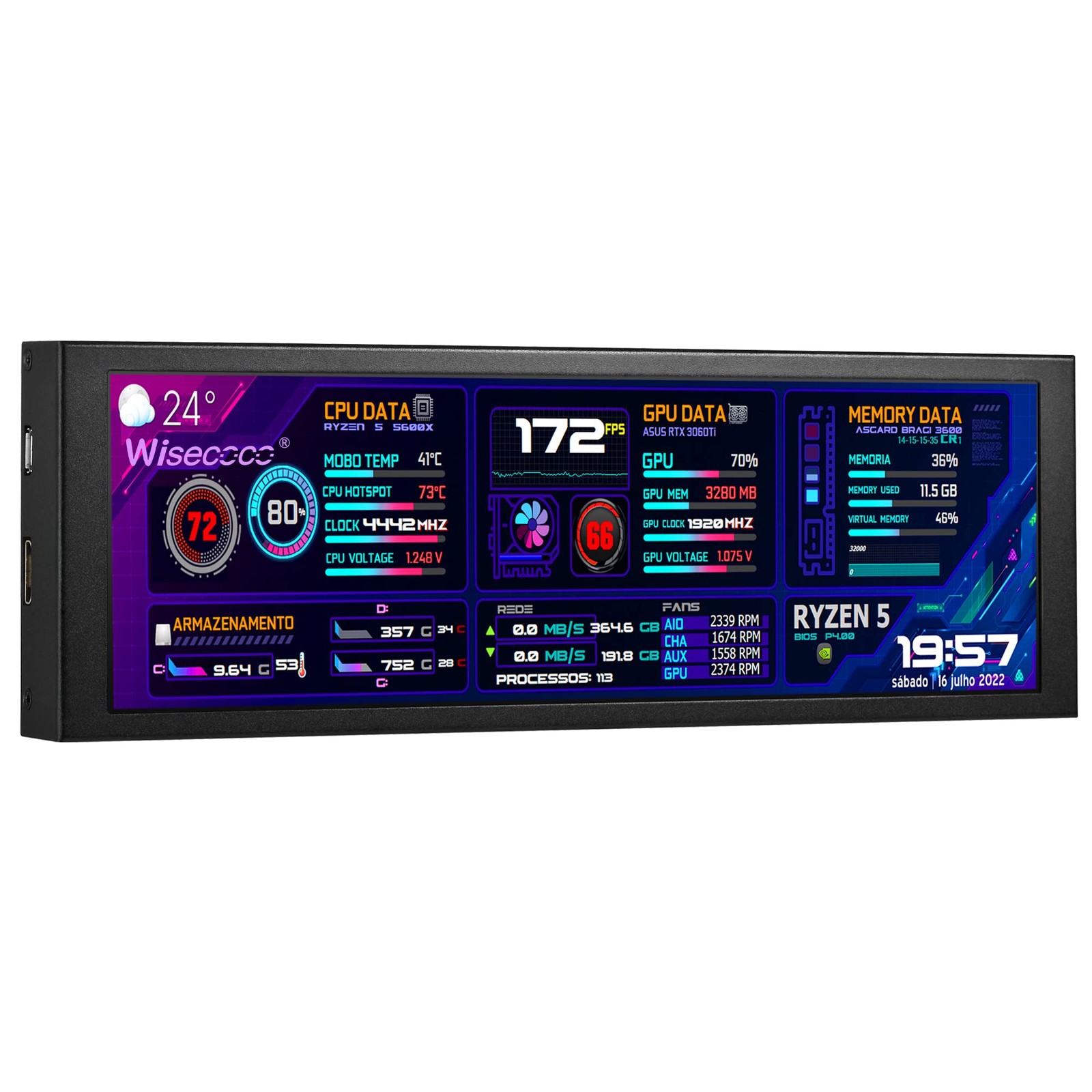 wisecoco 7.84 Inch Mini Monitor HD IPS 1280x400 Secondary Screen Stretched Ba