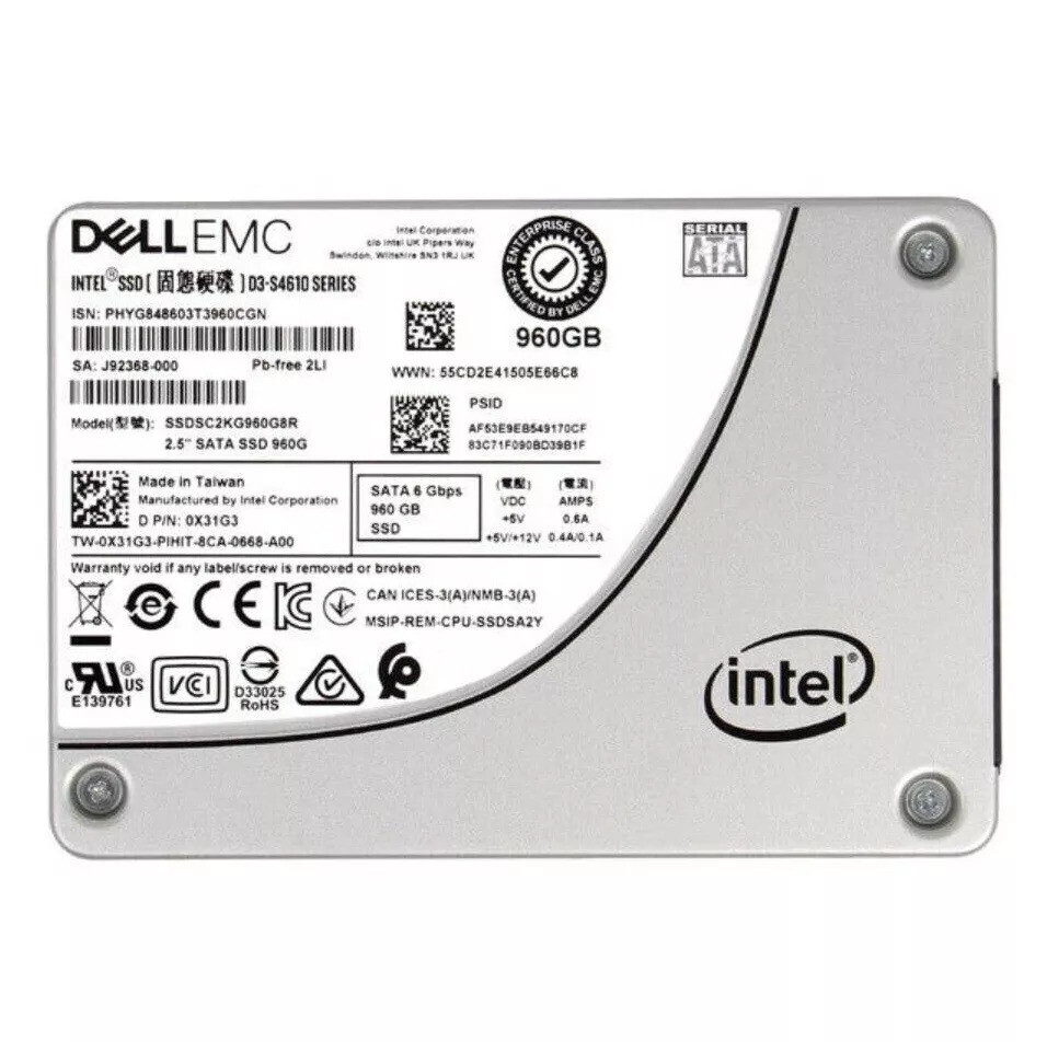 DELL 0X31G3 Intel D3 S4610 Series 960GB 2.5" 6Gb/s SATA SSDSC2KG960G8R SSD