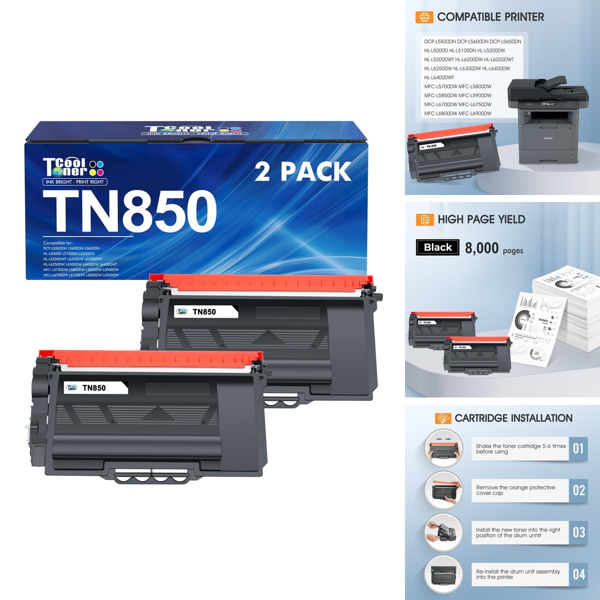 TN-850 TN820 High-Yield Black Toner Cartridge