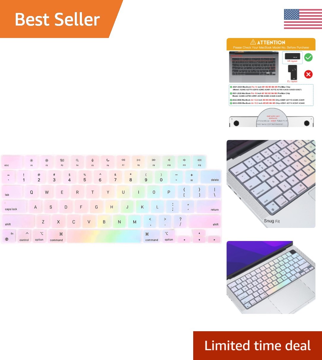 Dustproof and Washable Rainbow Keyboard Protector for MacBook 15/13.6, Pro 14/16