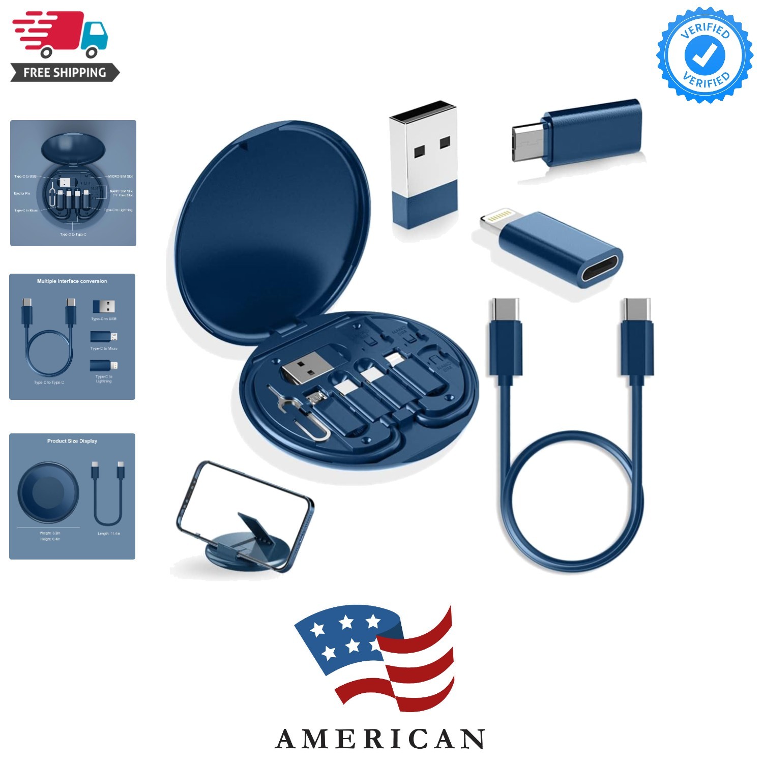 USB Adapter Kit, USB C Travel Organizer Case with Phone Stand, Blue