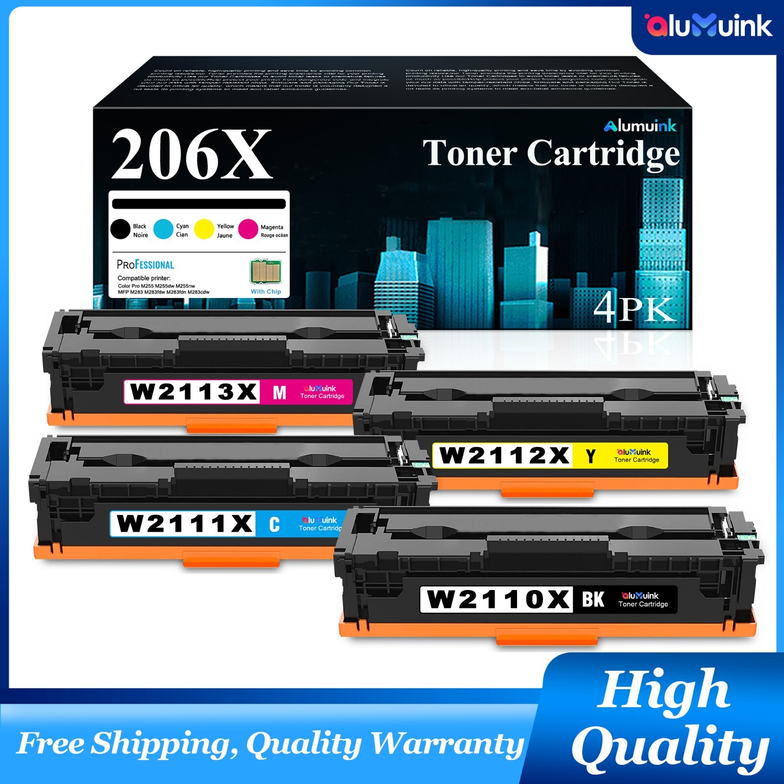 206X 4-Pack High Yield Toner W2110X with Chip for HP M255nw, MFP M283cdw Printer