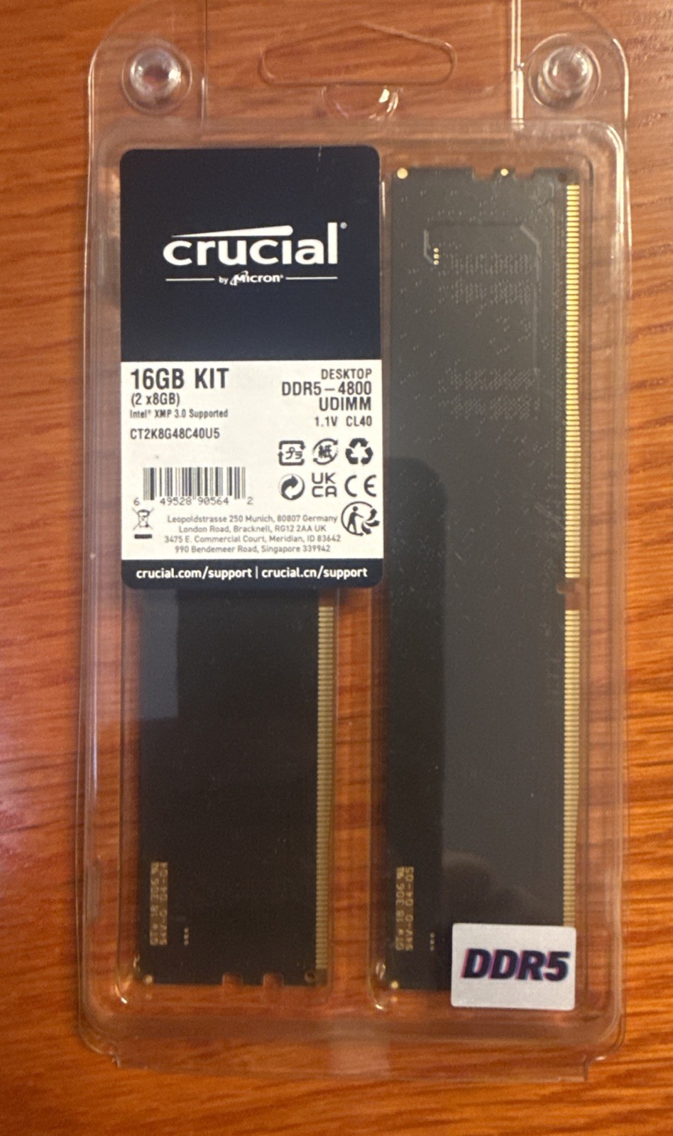 Brand New Crucial 16GB (2 x 8GB) DDR5-4800 UDIMM Memory (CT2K8G48C40U5) CL40