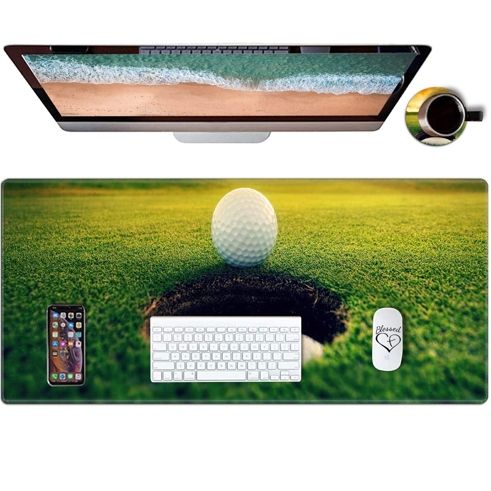 Desk Pad, Gaming Mouse Pad Mat 31.5" x 11.8", Golf Ball Near Hole