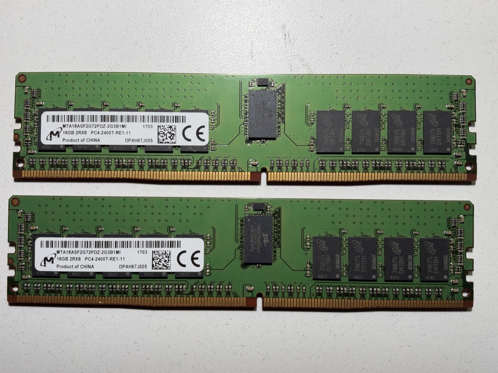 Lot of 2 Micron 16GB RDIMM MTA18ASF2G72PDZ-2G3B1 Server RAM